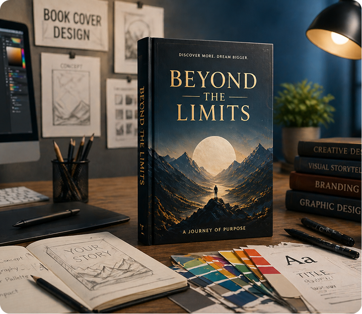 Book cover design workspace with Beyond the Limits cover