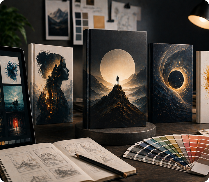 Display of cinematic book covers with color palette and sketches
