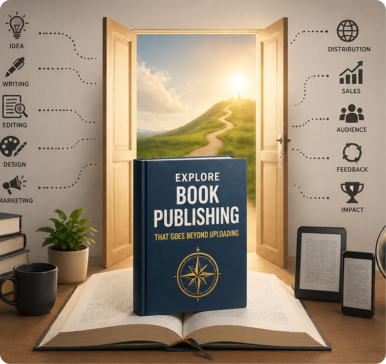 Open book illustrating the journey from idea to published, distributed work