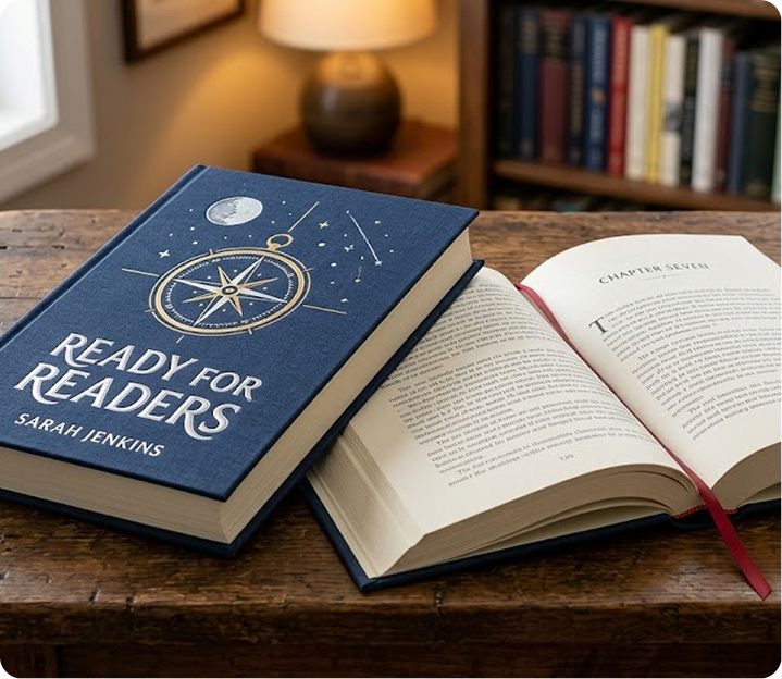 Hardcover book Ready for Readers next to an open novel on a wooden desk
