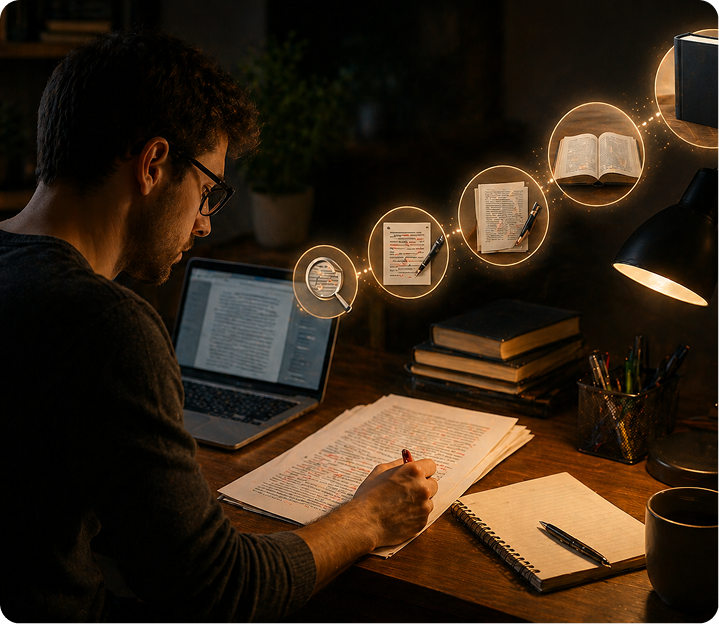 Editor reviewing a manuscript with floating pages, magnifier and notebook