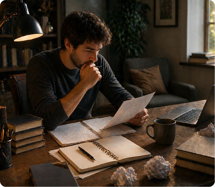Writer reading edited manuscript pages by lamplight at a desk