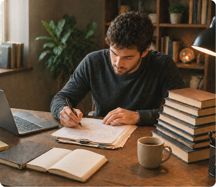 Author writing at a wooden desk with laptop, books and coffee
