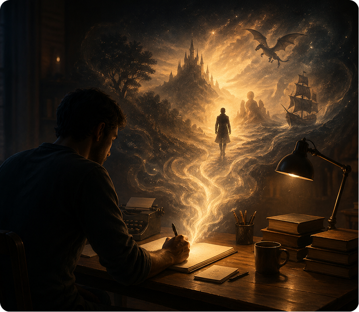 Writer at a desk imagining a fantasy world with a castle, ship and dragon