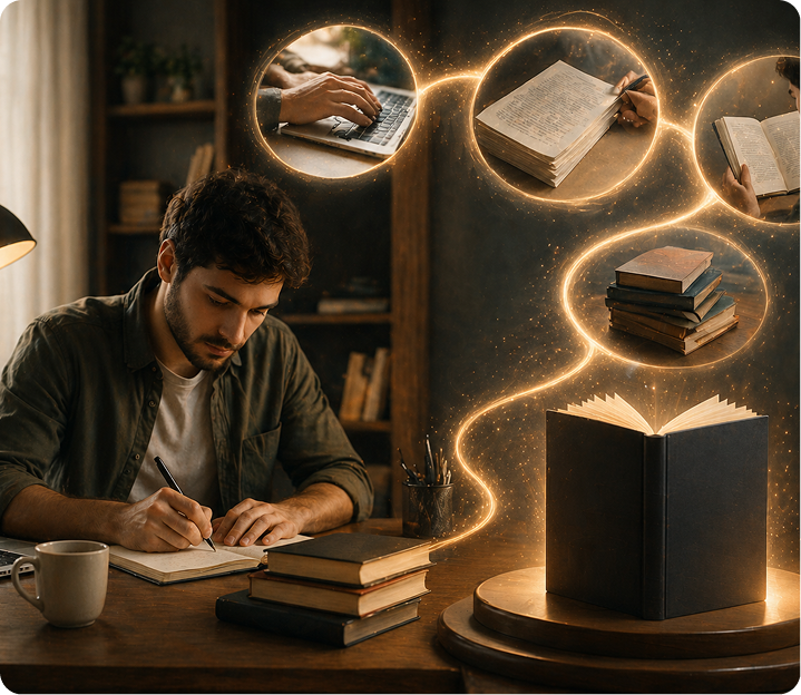 Writer at a glowing desk surrounded by floating ideas and stacks of books