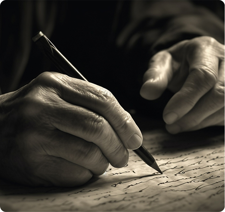 Close-up of a hand writing with ink on paper