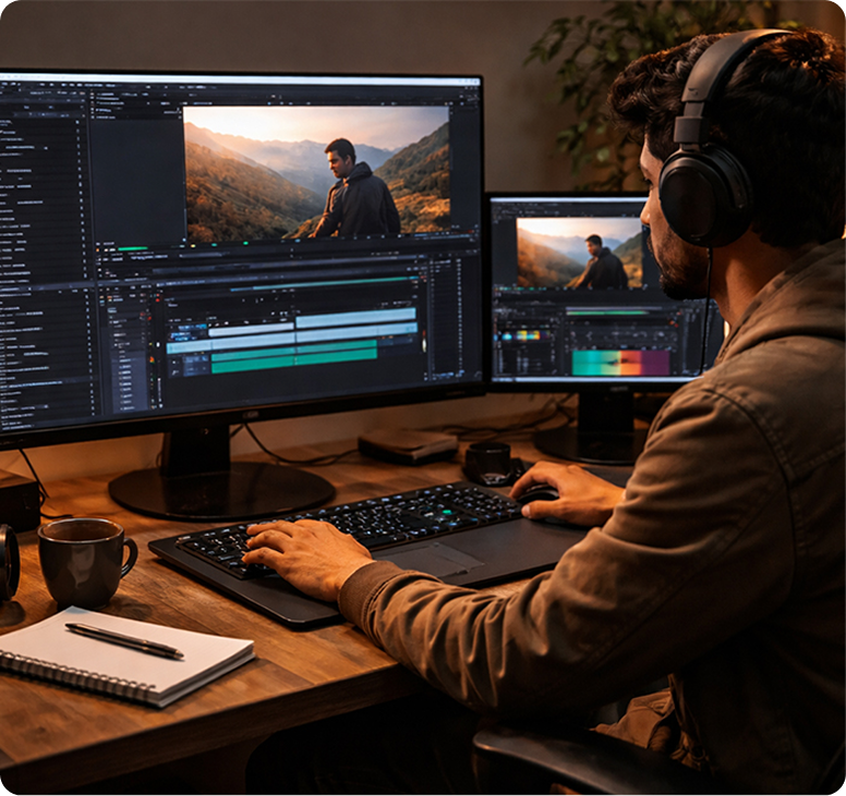Video editor working on a cinematic trailer in a professional studio