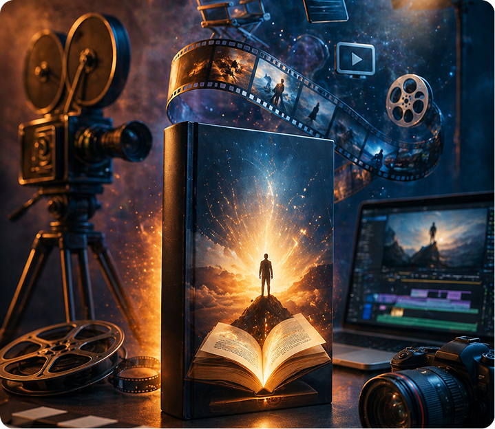 Cinematic book on a desk surrounded by film reels, camera and editing setup