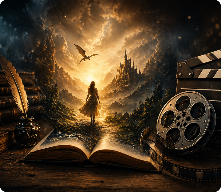 Fantasy book opening into a cinematic landscape with film reel and quill